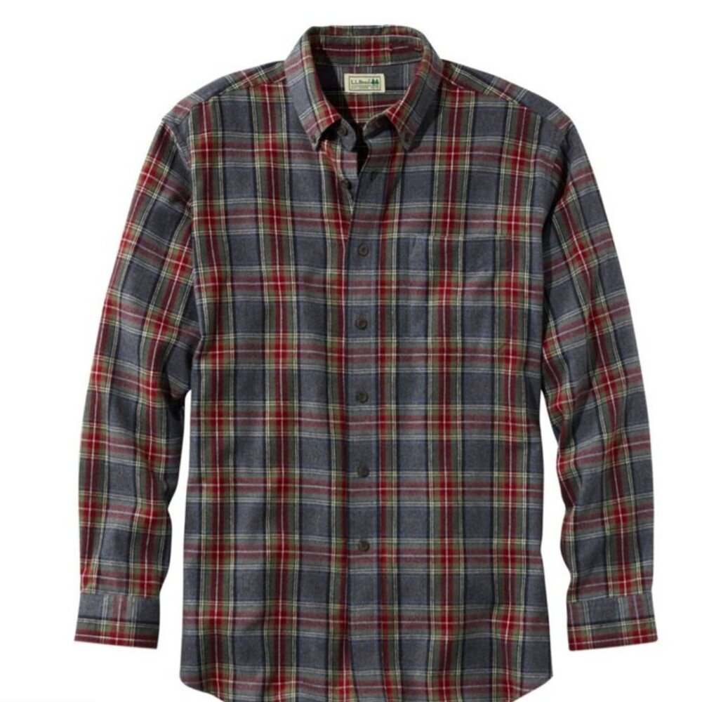 LL Bean Scotch Plaid Flannel Shirt in Grey Stewart 100% Cotton Size Medium EUC